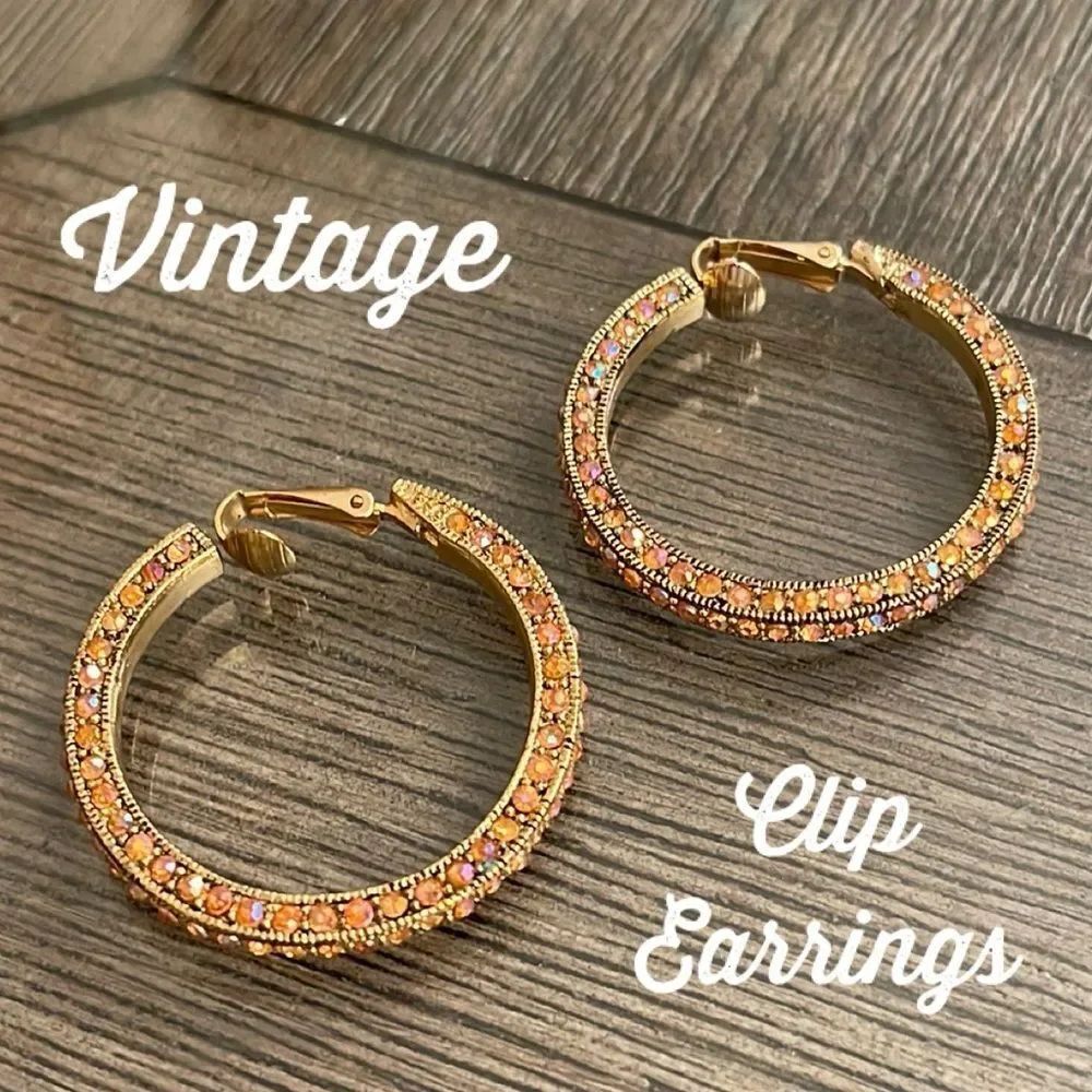 Vintage Orange Aurora Borealis Clip Hoop Earrings